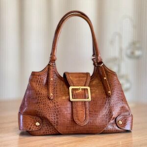 MAXX New York Satchel Buckle Shoulder Bag Cognac Brown Crocodile Embossed
